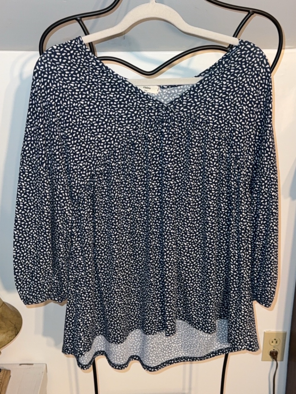 entro Navy and White Printed Peasant Top